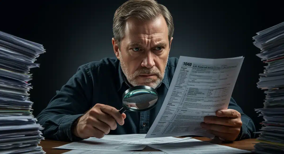 Stressed individual reviewing tax forms, highlighting tax compliance challenges.