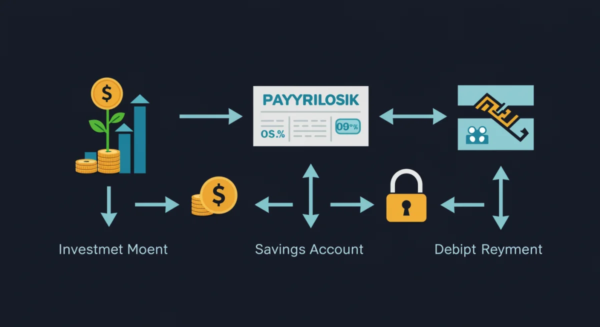 Infographic showing automated money flow into investments, savings, and debt repayment.