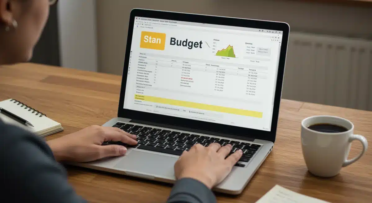 Individual reviewing a detailed budget spreadsheet on a laptop