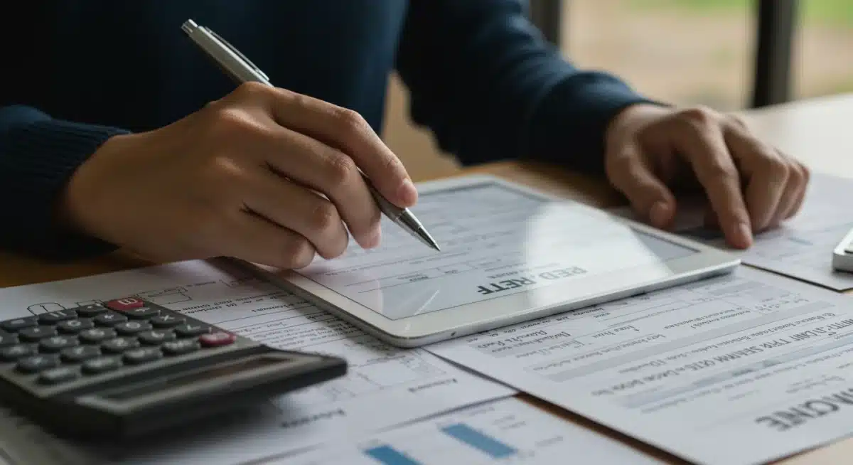 Person filling out FAFSA form on tablet with financial documents