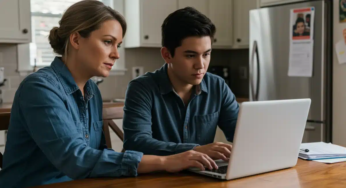 Parent and student discussing college financial aid on laptop