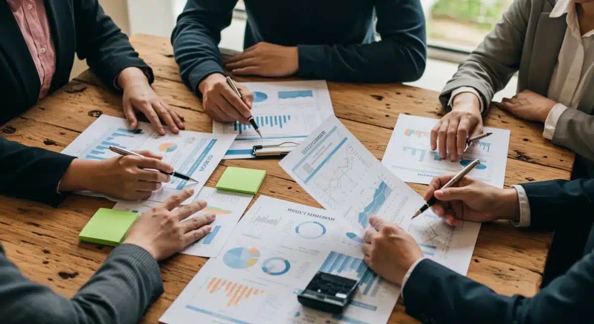 Diverse group collaborating on financial strategy and planning