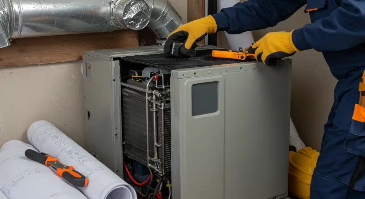Contractor installing a new, high-efficiency HVAC system, highlighting eligible home improvements for tax credits.