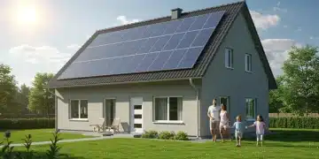 Family in front of their modern home with solar panels, representing energy-efficient upgrades and tax credit savings.