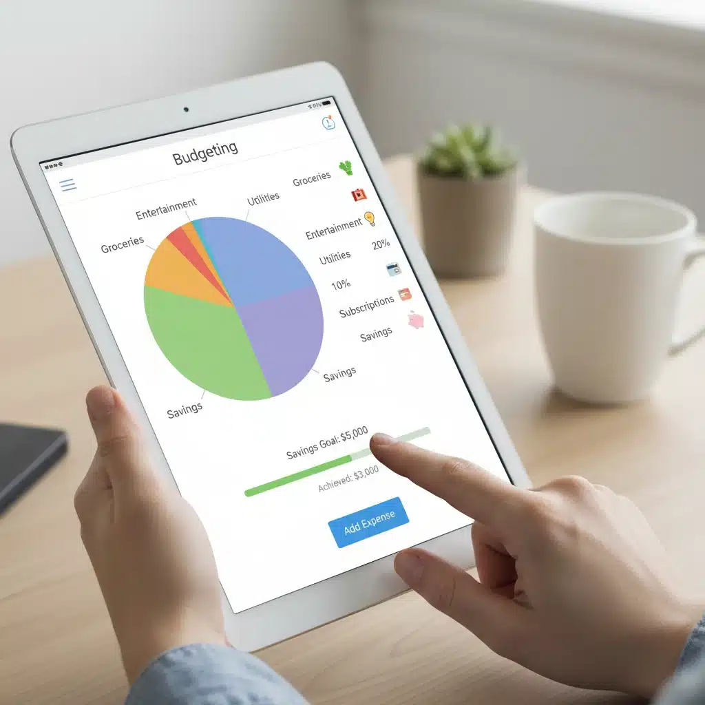 Hand utilizing budgeting app on tablet for expense tracking