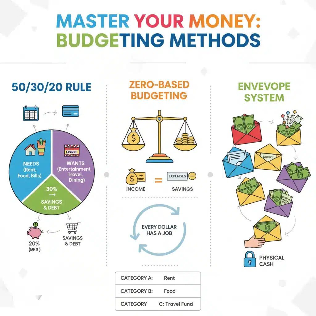 Infographic showing different budgeting methods like 50/30/20 rule and zero-based budgeting.