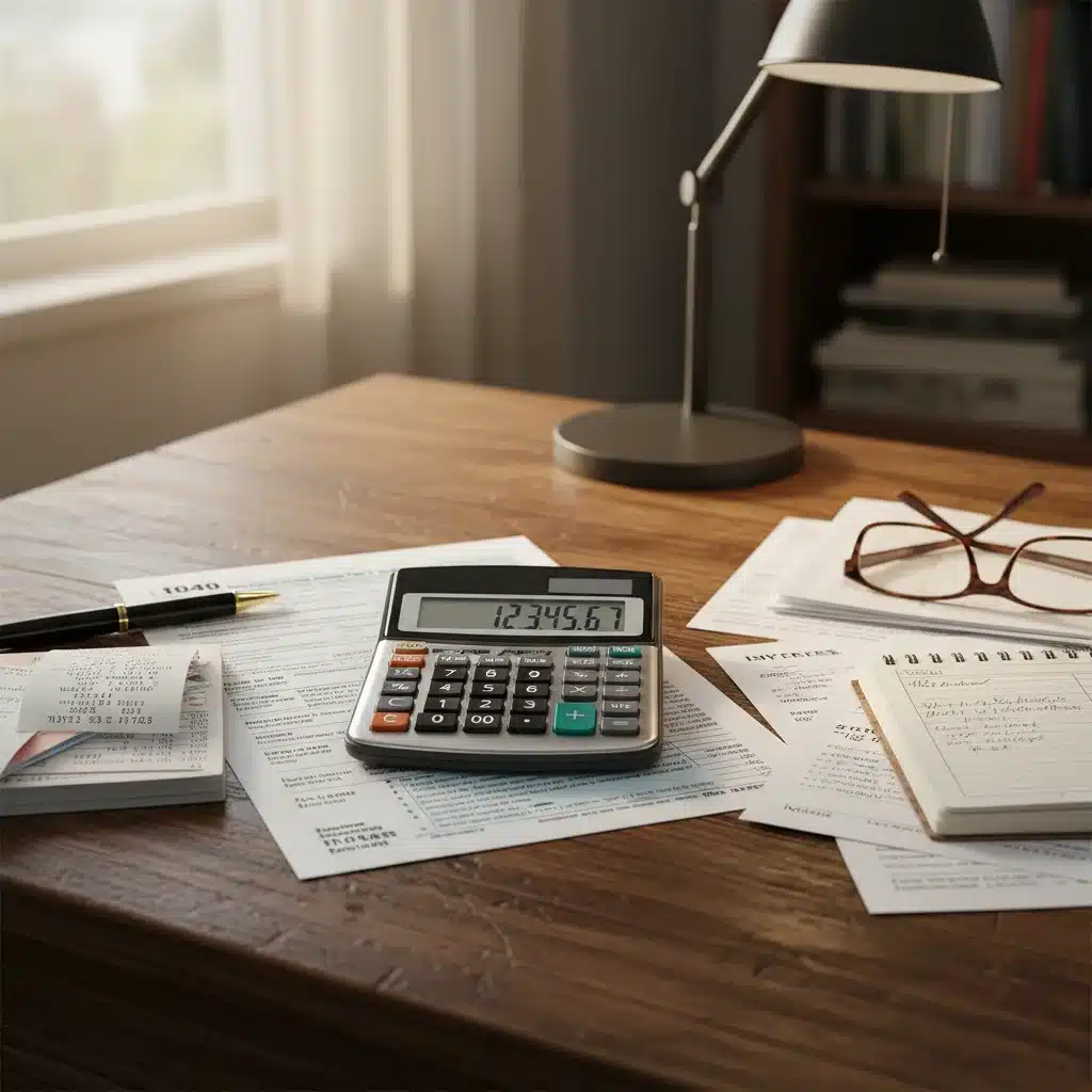 Calculator and tax documents for capital gains calculations.