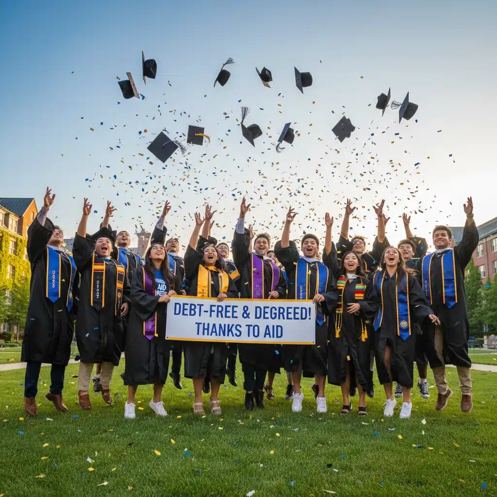Diverse college graduates celebrating with caps in the air, symbolizing success.