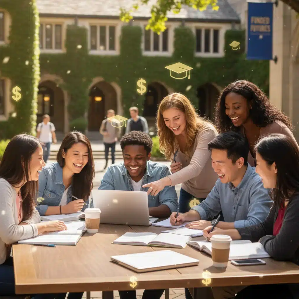 Diverse college students studying on campus, symbolizing success with financial aid.
