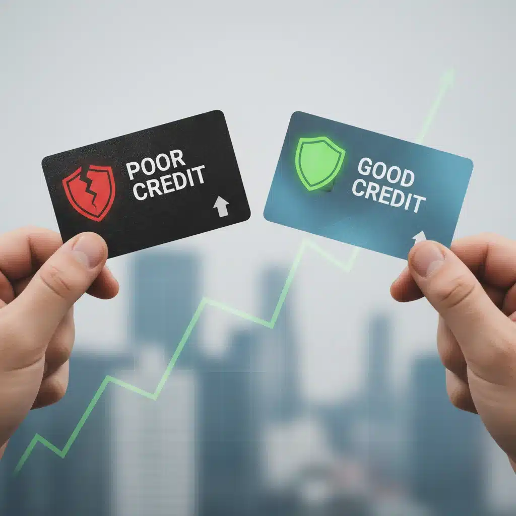 Impact of student loan default resolution on credit score, showing good and poor credit cards