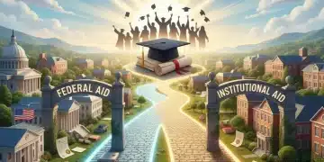 Illustration comparing federal and institutional financial aid pathways towards a college degree.