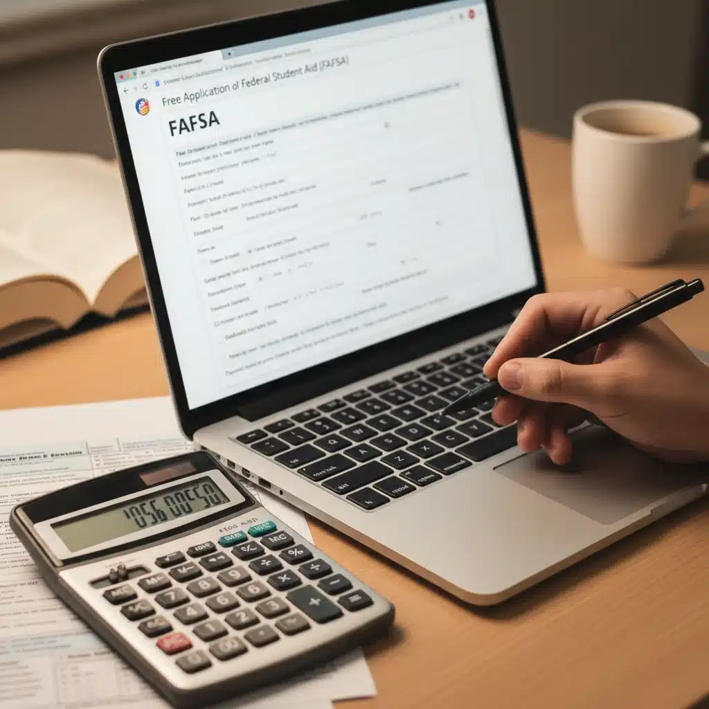 Hand filling out FAFSA form on laptop with calculator and pen.