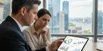 Financial advisor explaining capital gains adjustments on a tablet to a client.