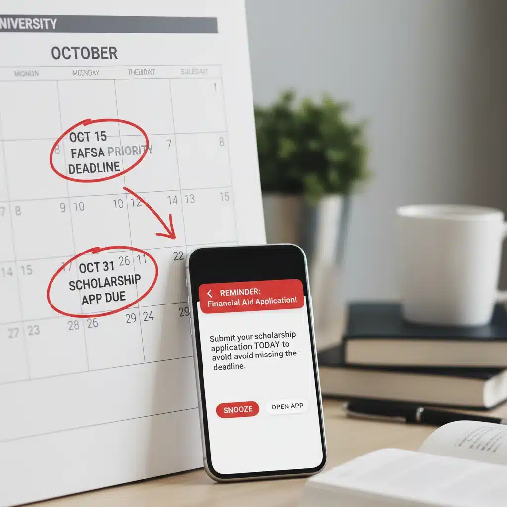 Calendar highlighting financial aid deadlines and smartphone reminder