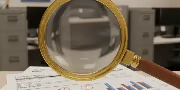Magnifying glass over tax forms, symbolizing IRS audit scrutiny for 2026.