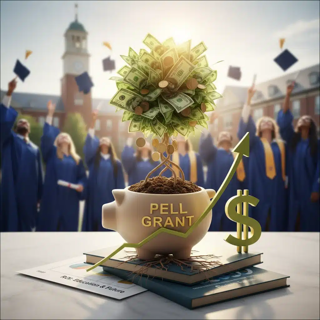 Financial growth and investment with graduation caps, illustrating Pell Grant benefits.