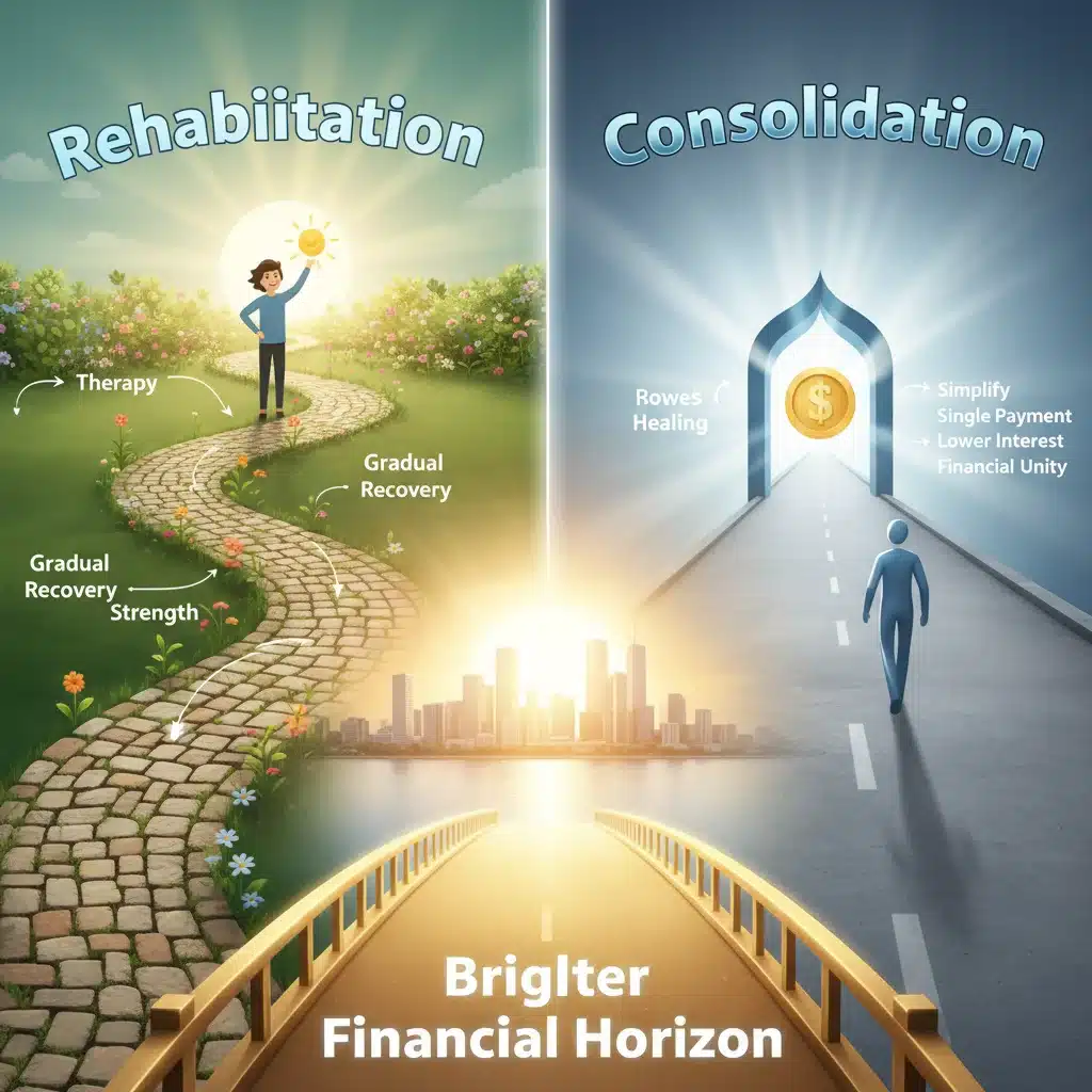 Visual representation of two distinct paths: student loan rehabilitation vs consolidation