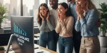 Relieved borrowers viewing reduced student loan balances on a screen