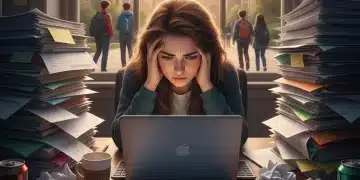 Stressed student surrounded by financial aid documents and calendar, highlighting urgent deadlines.