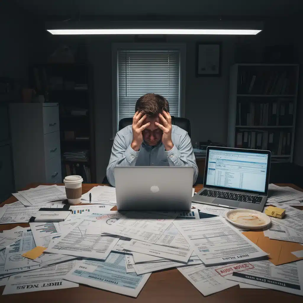 Stressed taxpayer at desk with tax documents, illustrating audit burden.