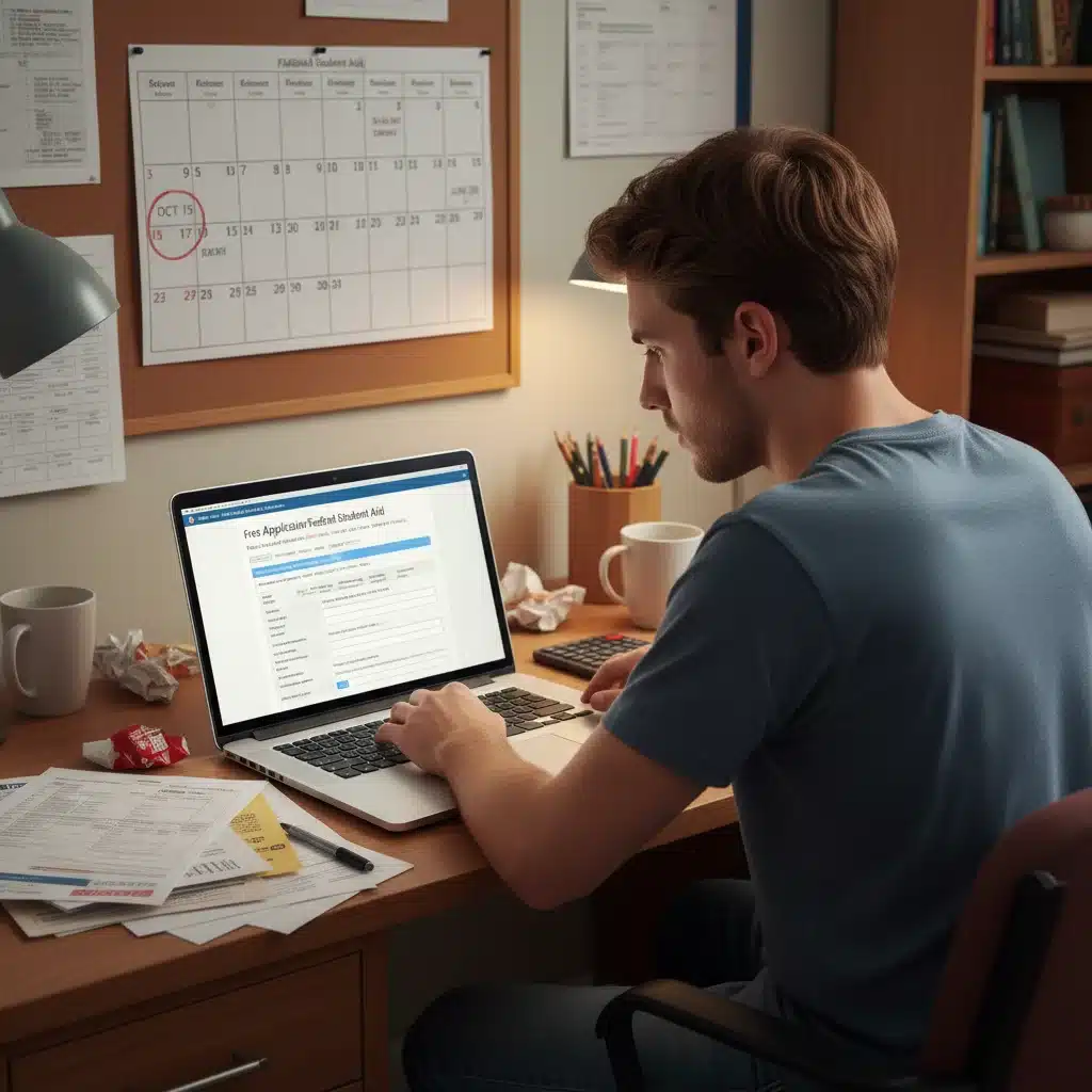 Student completing the FAFSA form on a laptop, surrounded by financial aid documents.