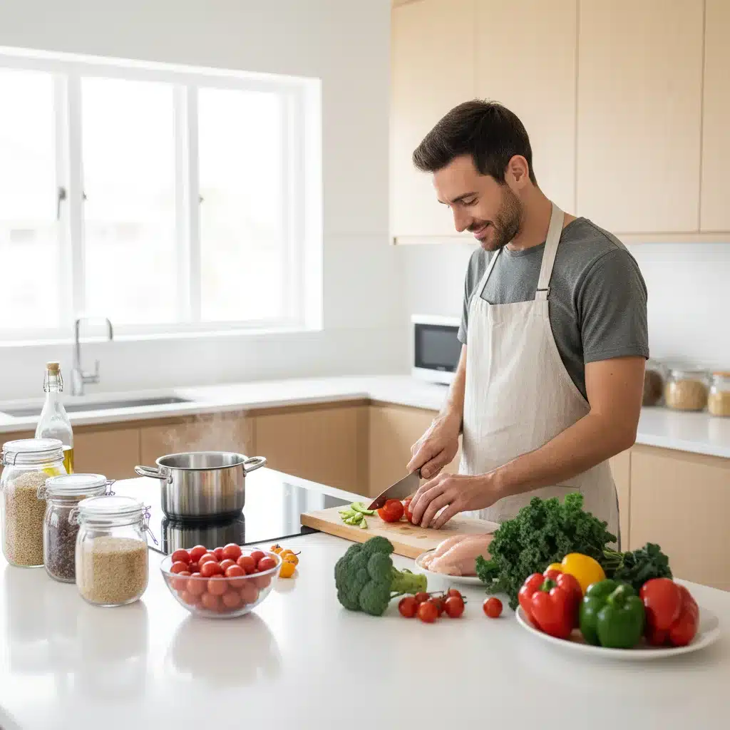 Person cooking homemade meal in kitchen for savings