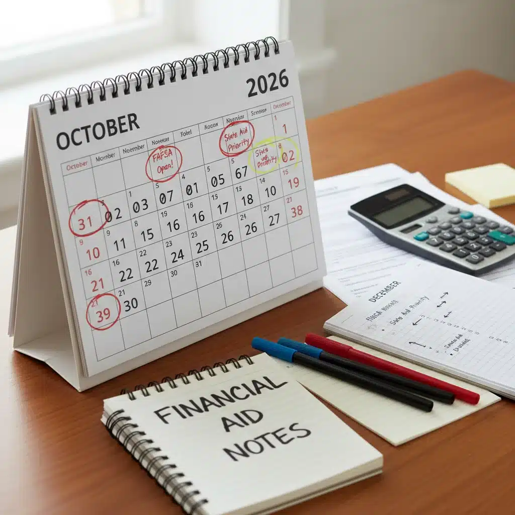 Calendar highlighting FAFSA 2026 submission deadlines for college financial aid.