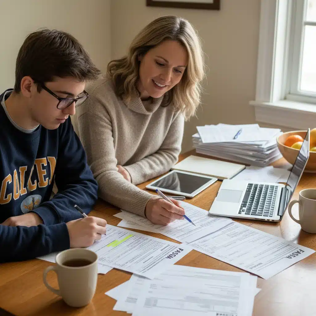 Parent and student reviewing FAFSA financial aid documents.