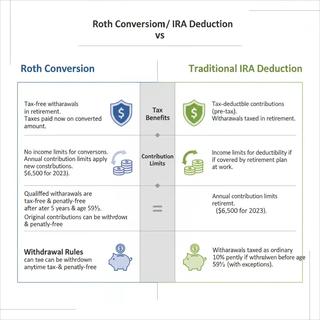 Infographic comparing Roth conversion and traditional IRA deduction features and benefits.