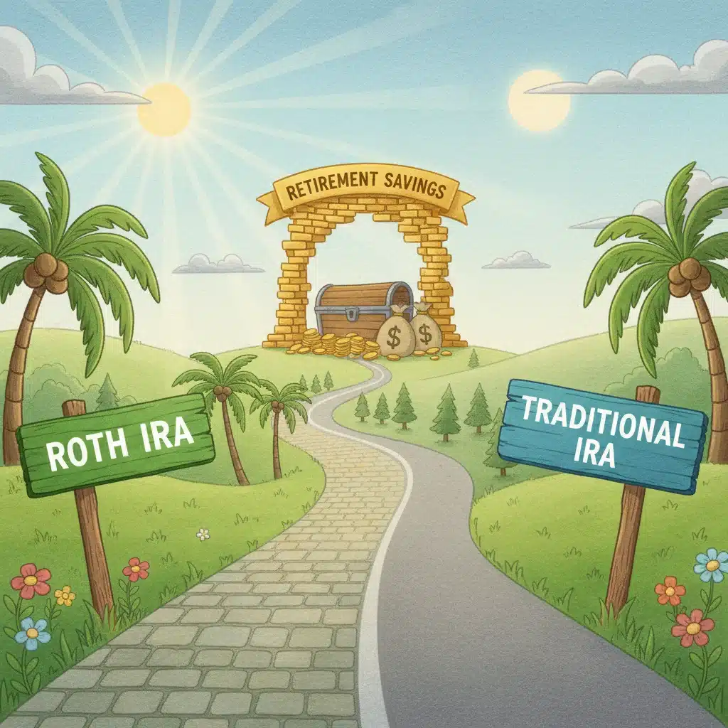 Split path illustrating choice between Roth IRA and Traditional IRA for retirement savings.