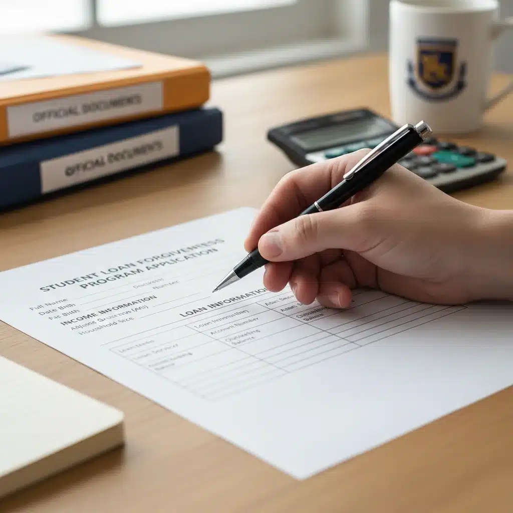 Filling out student loan forgiveness application form with pen