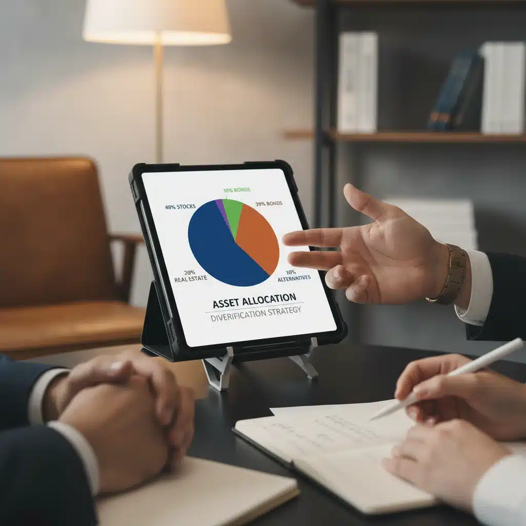 Financial advisor explaining asset allocation pie chart on tablet to a client.