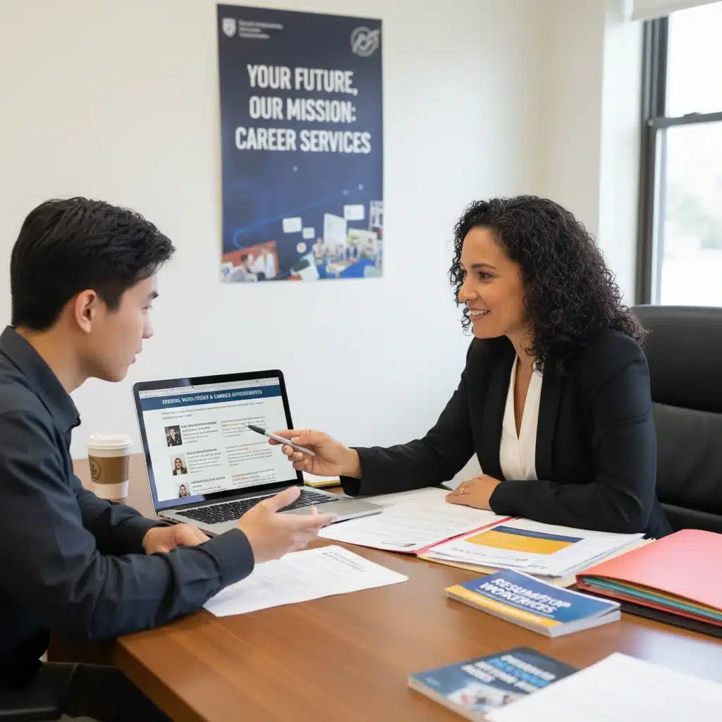 Career advisor assisting student with job applications and resume for work-study.