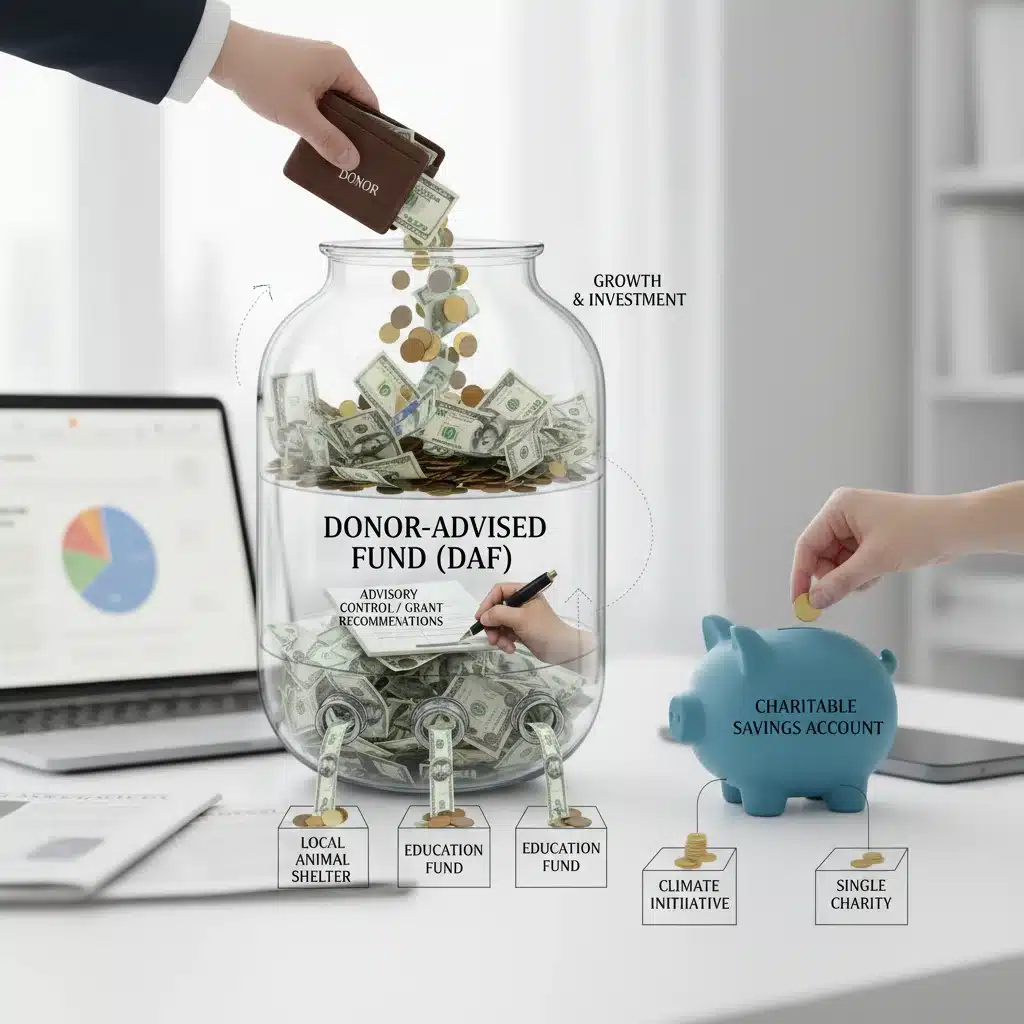 Visual comparison of Donor-Advised Fund (DAF) as a flexible charitable savings account with funds flowing in and out to multiple charities.