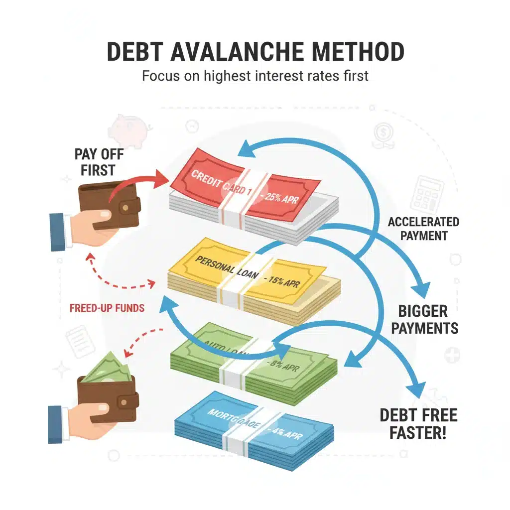 Debt avalanche method infographic for student loans