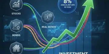 Infographic showing diversified investment portfolio aiming for 8% annual returns by 2026 with various asset classes.