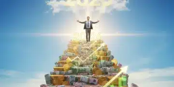 Person climbing financial staircase towards 2026 goals, symbolizing financial achievement.
