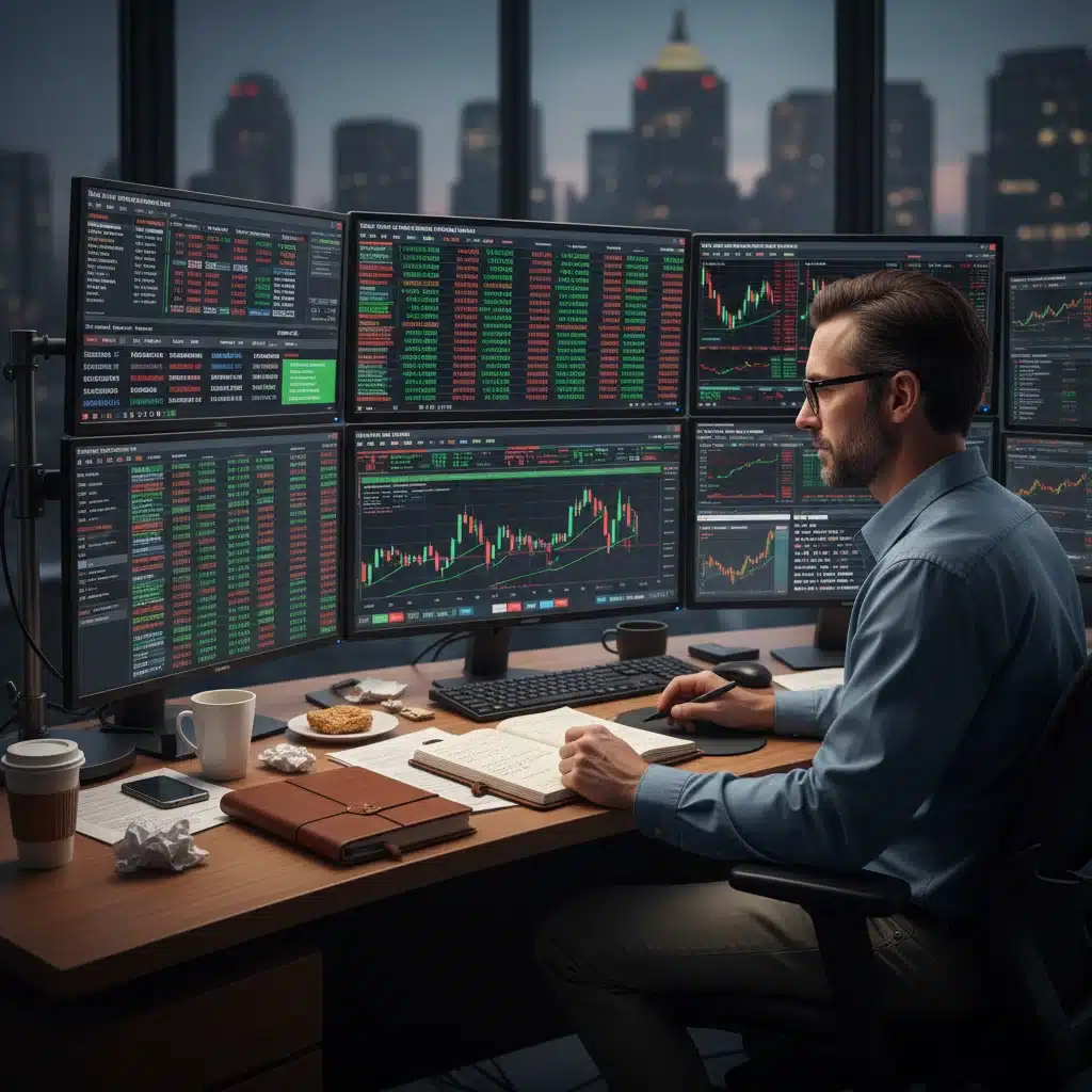 Investor monitoring stock market data and investment portfolio on multiple screens.