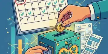 Hands placing coins into a donation box with 2026 calendar and financial charts, symbolizing optimized charitable giving and tax deductions.