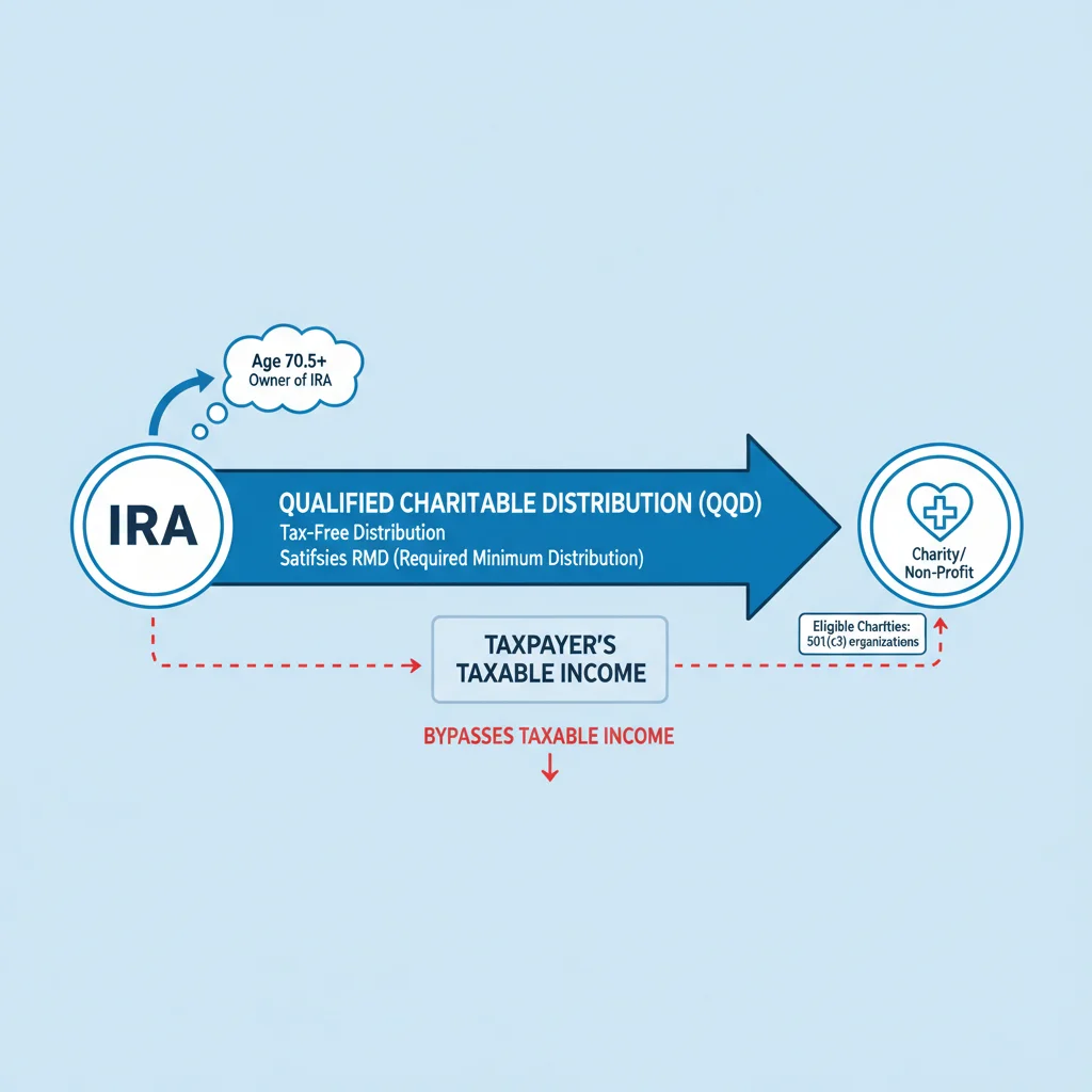Infographic showing tax-free flow of funds from IRA to charity via Qualified Charitable Distribution (QCD).