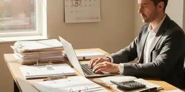 Remote worker reviewing tax documents in a modern home office for 2026 tax planning.