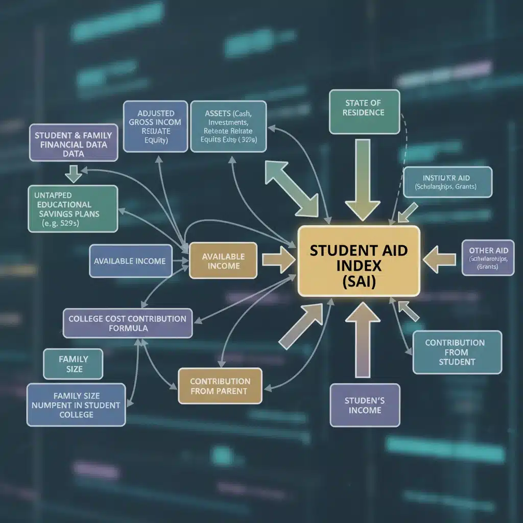 Diagram illustrating the calculation of the Student Aid Index (SAI) with inputs like income, assets, and family size.