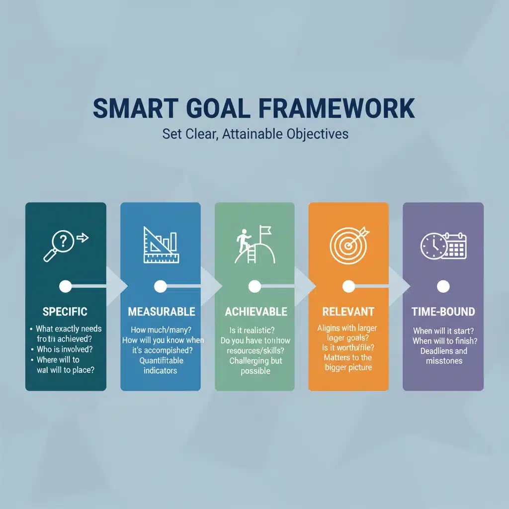 SMART financial goal setting framework with specific, measurable, achievable, relevant, time-bound elements.