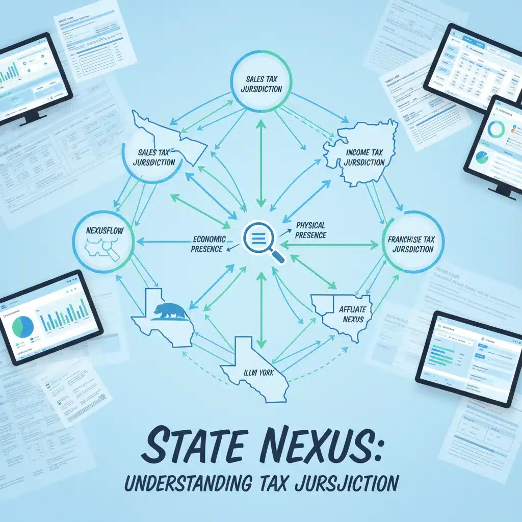 Infographic explaining state nexus rules for remote work taxation.