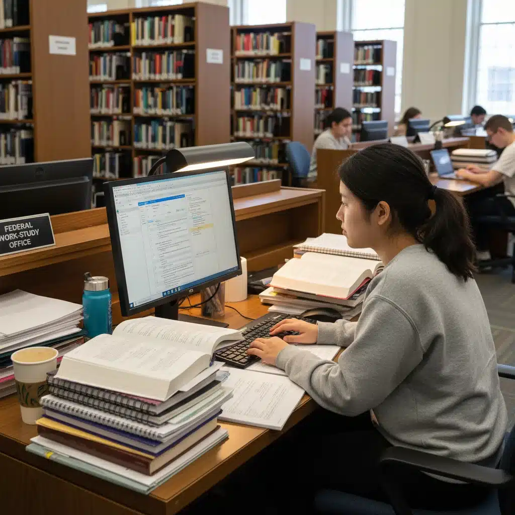 Student focused on computer work in a library, illustrating a Federal Work-Study position.