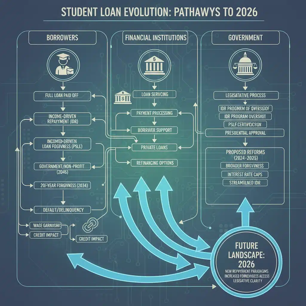 Complex flow chart illustrating student loan repayment and legislative pathways.