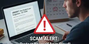 Student looking at a laptop, concerned about a phishing email related to student loan scams in 2026.