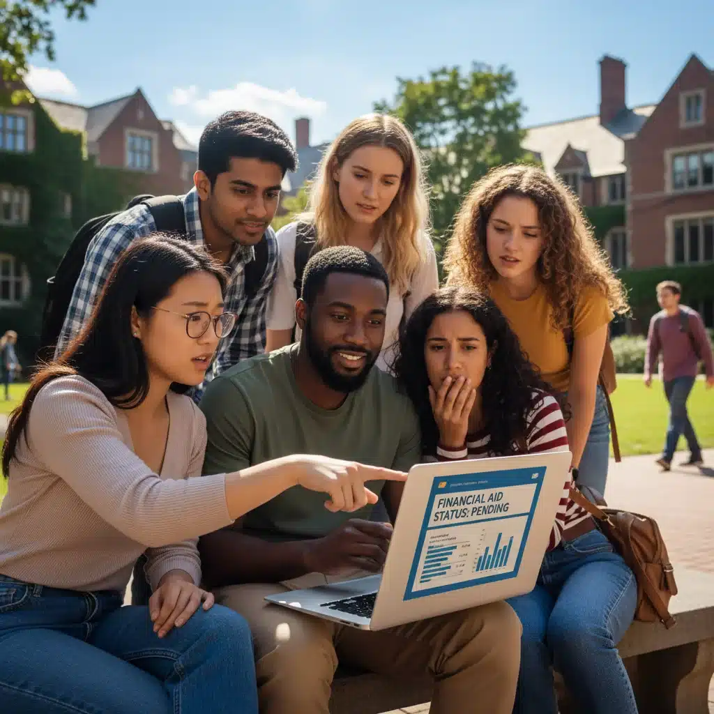 Diverse students reviewing financial aid information on a laptop, contemplating future education costs.