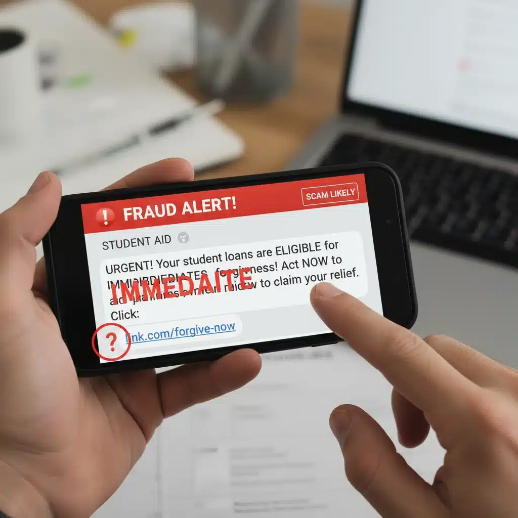 Hand holding smartphone showing a suspicious text message about student loan forgiveness, a common scam tactic.